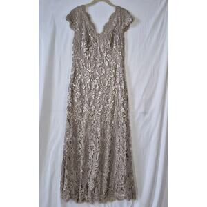 Tadashi Shoji Womens Sequin Lace Tan Wedding Party Evening Maxi Gown US 12